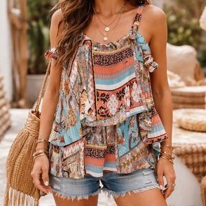 Melissa Paige Colorful Patterned Ruffle Blouse